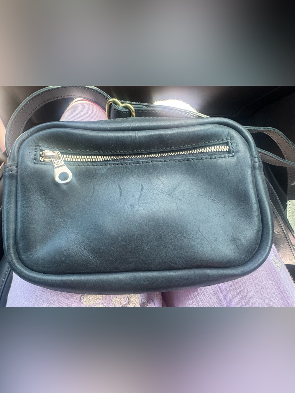Parker and Clay Black Leather belt bag Crossbody Bag with Front Zip Pocket